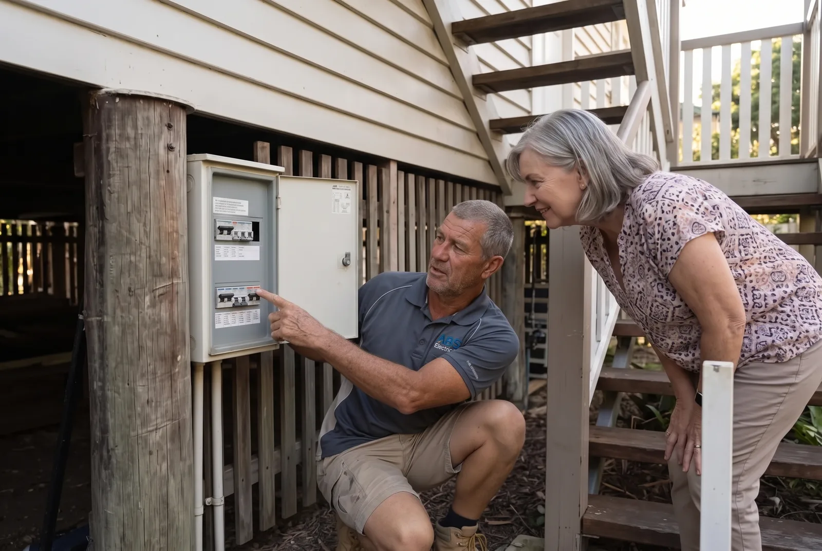 ABS electrician explaining a labelled switchboard to a homeowner under a Queenslander