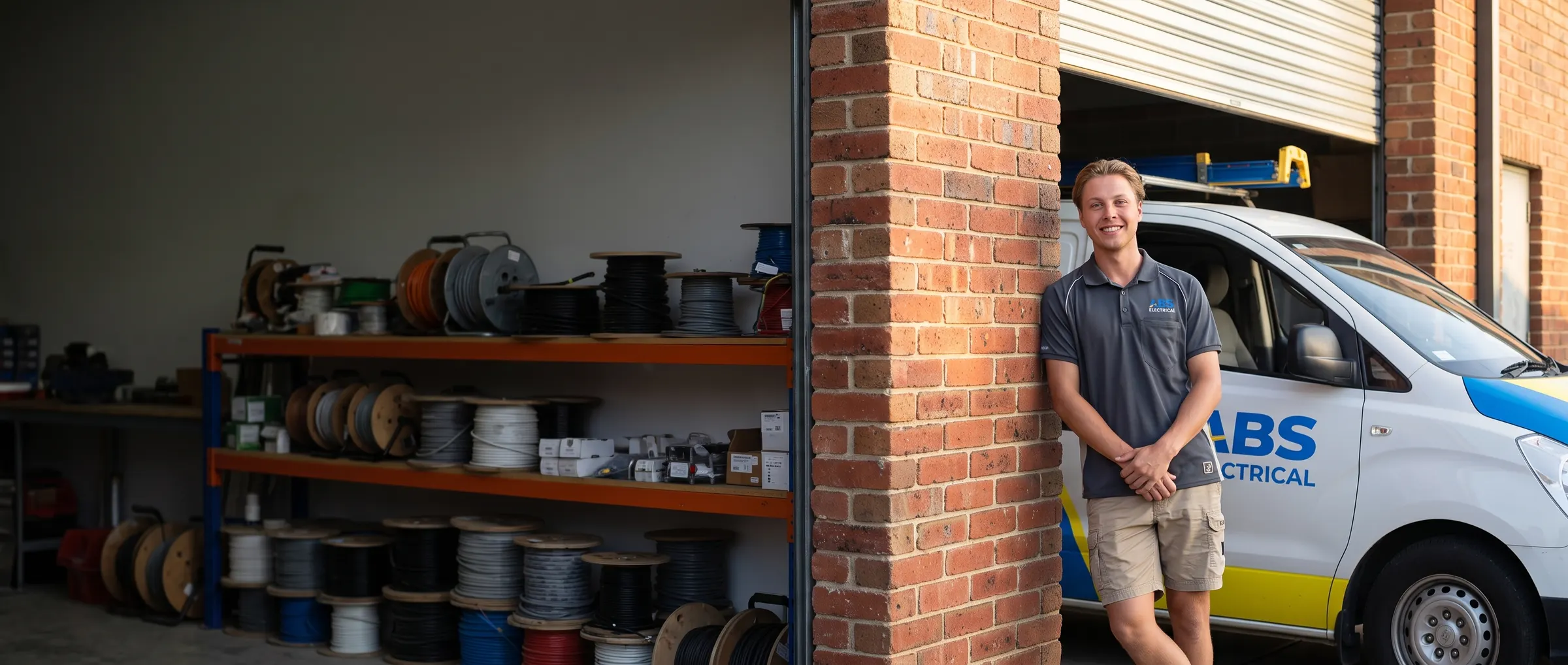 Cal leaning on the ABS van in the doorway of the Morningside workshop