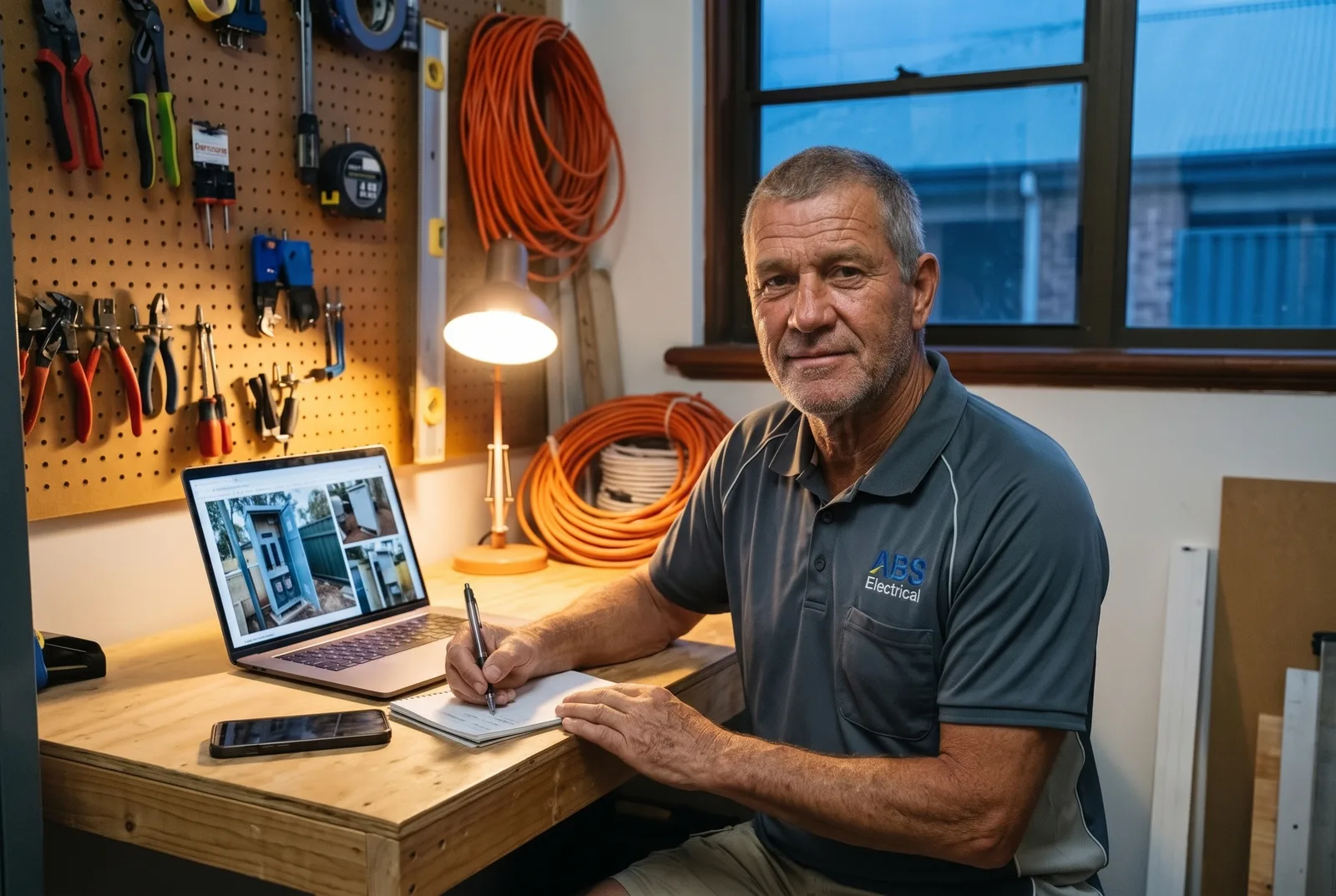 ABS electrician writing a quote at the workshop desk in the evening