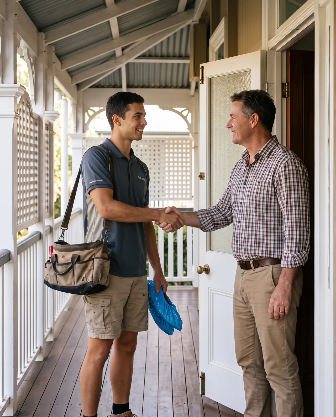 ABS electrician greeting a homeowner at the front door of a Queenslander
