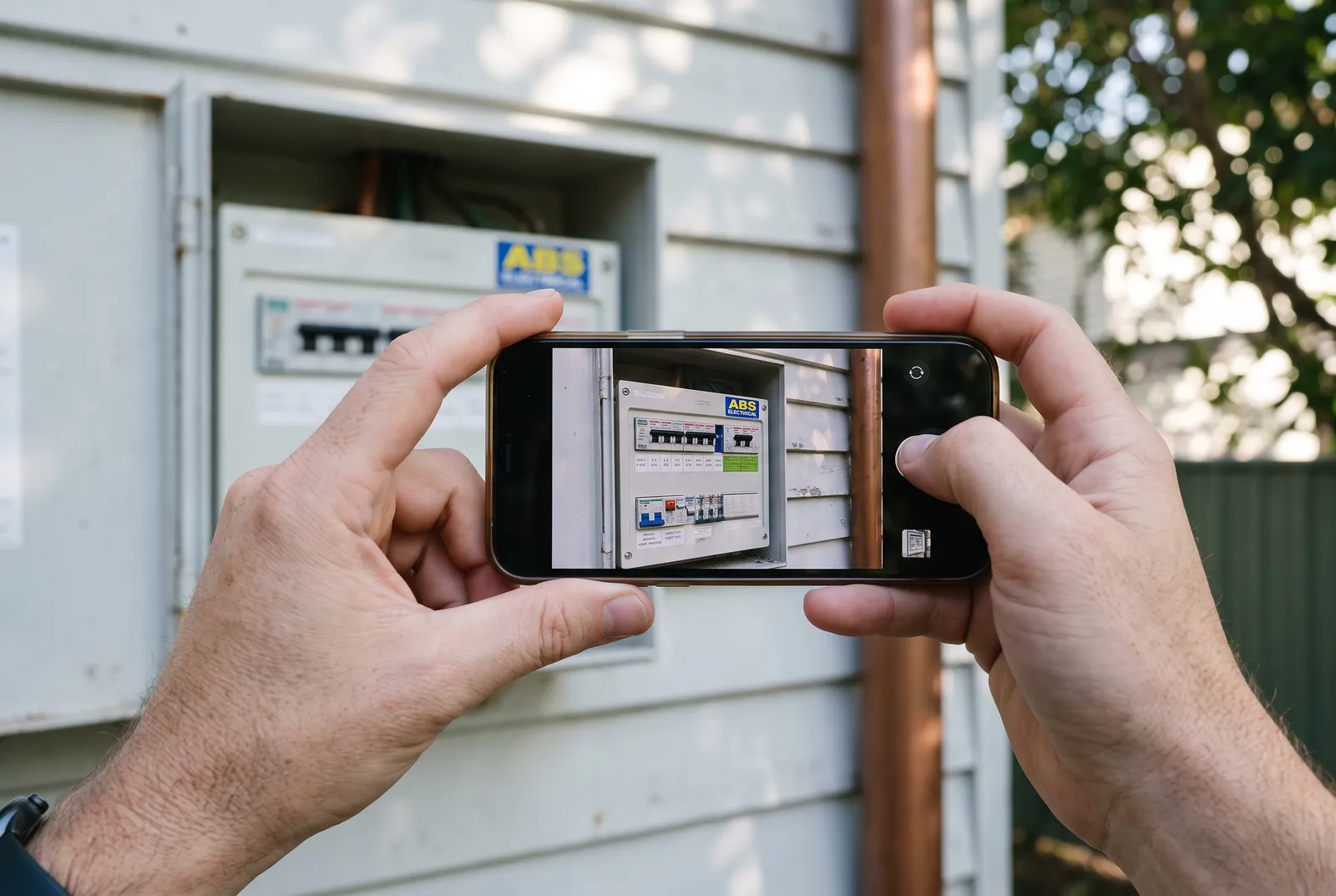 A homeowner photographing an open switchboard with a phone