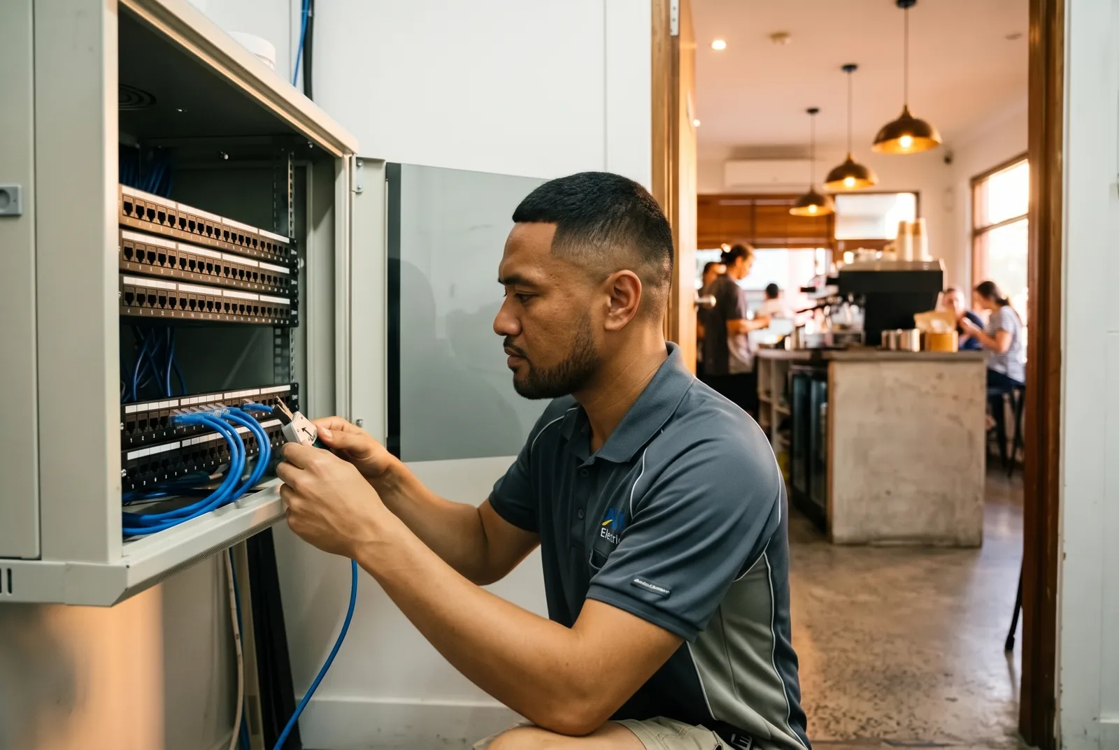 ABS electrician terminating data cabling in a cafe back office
