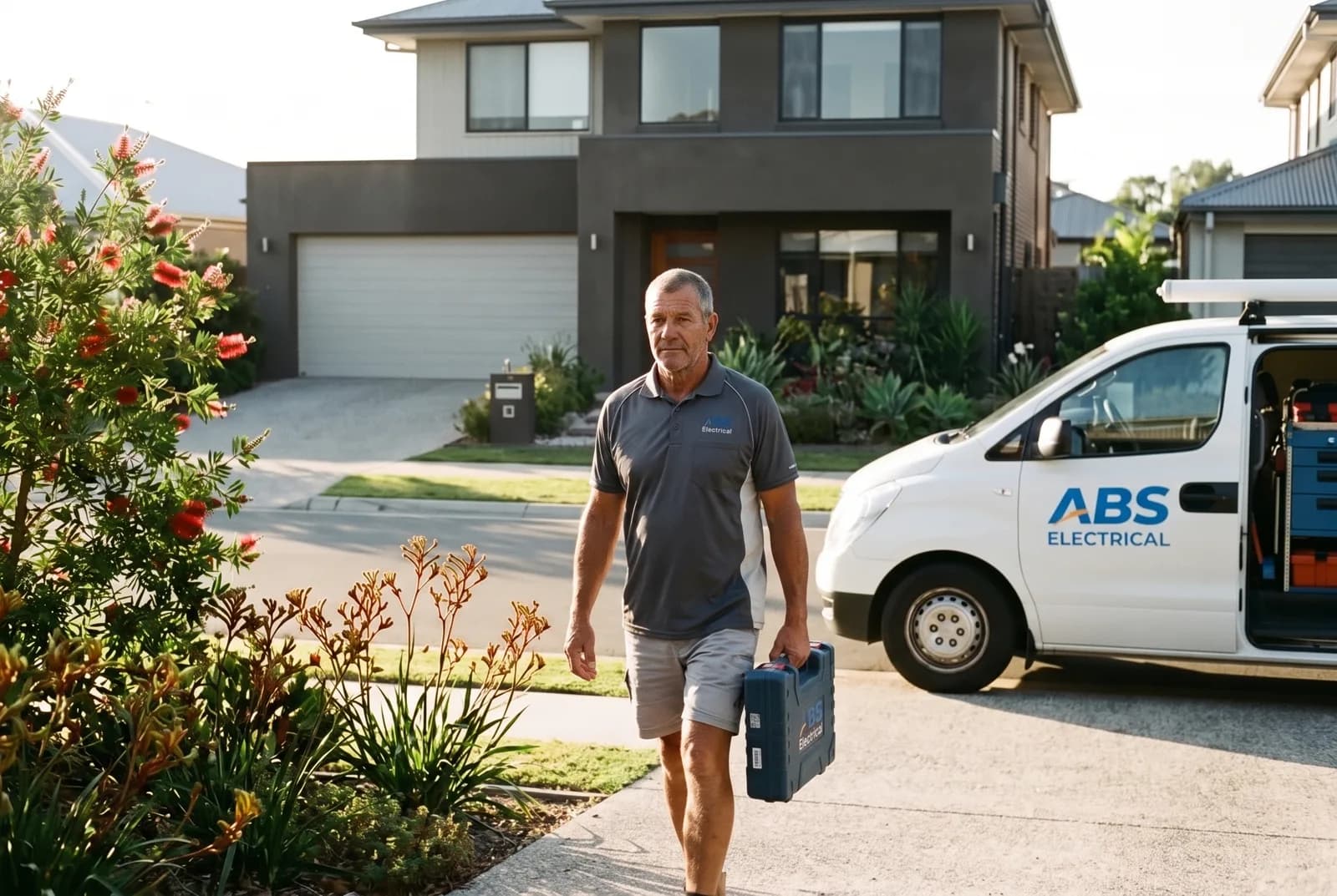 ABS van in a Brisbane driveway, an ABS electrician walking to the front door