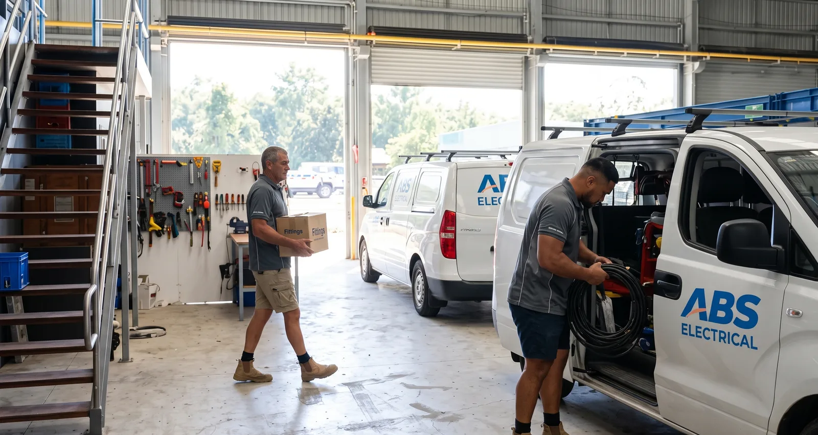 Two ABS electricians loading the vans inside the Morningside workshop
