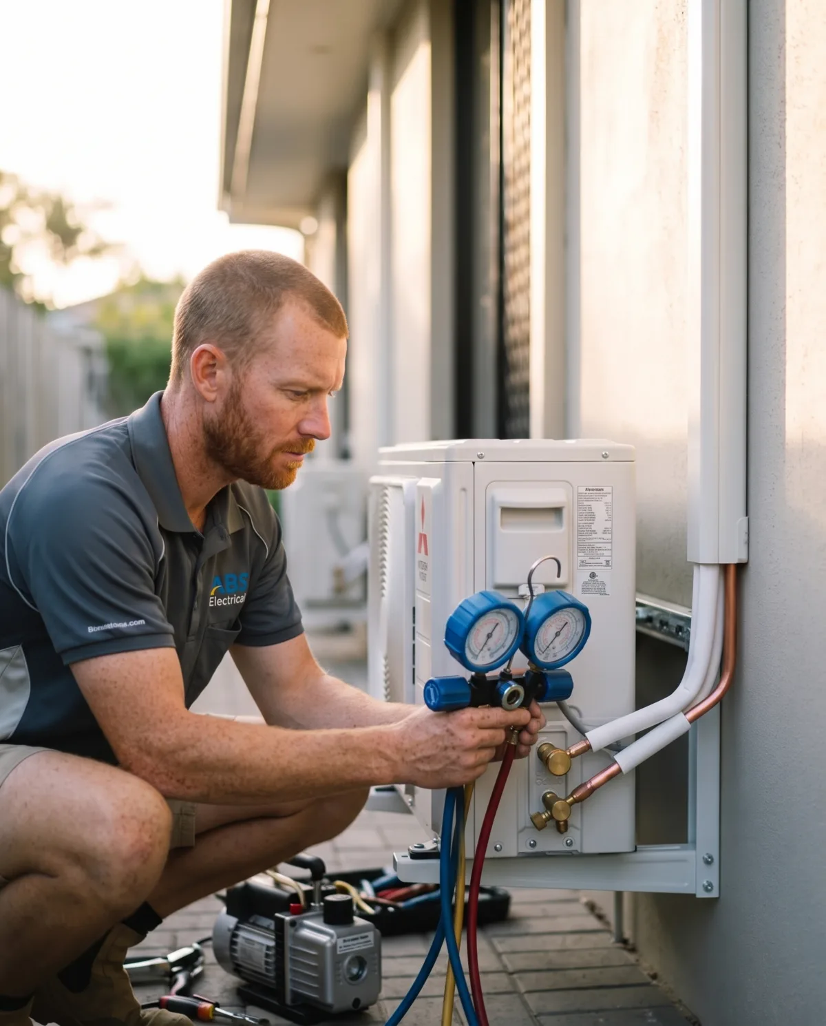 Electrician reading refrigeration gauges on a new outdoor unit