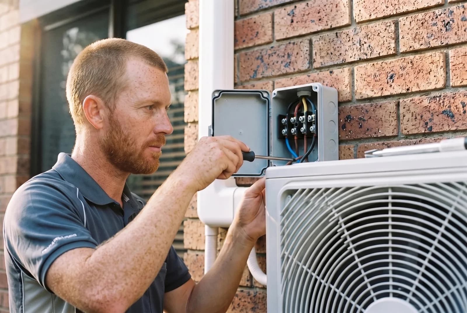 Electrician wiring a weatherproof isolator switch beside a split system outdoor unit