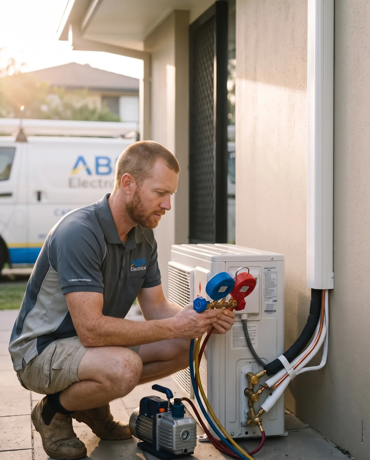 Electrician reading gauges beside a new split system outdoor unit