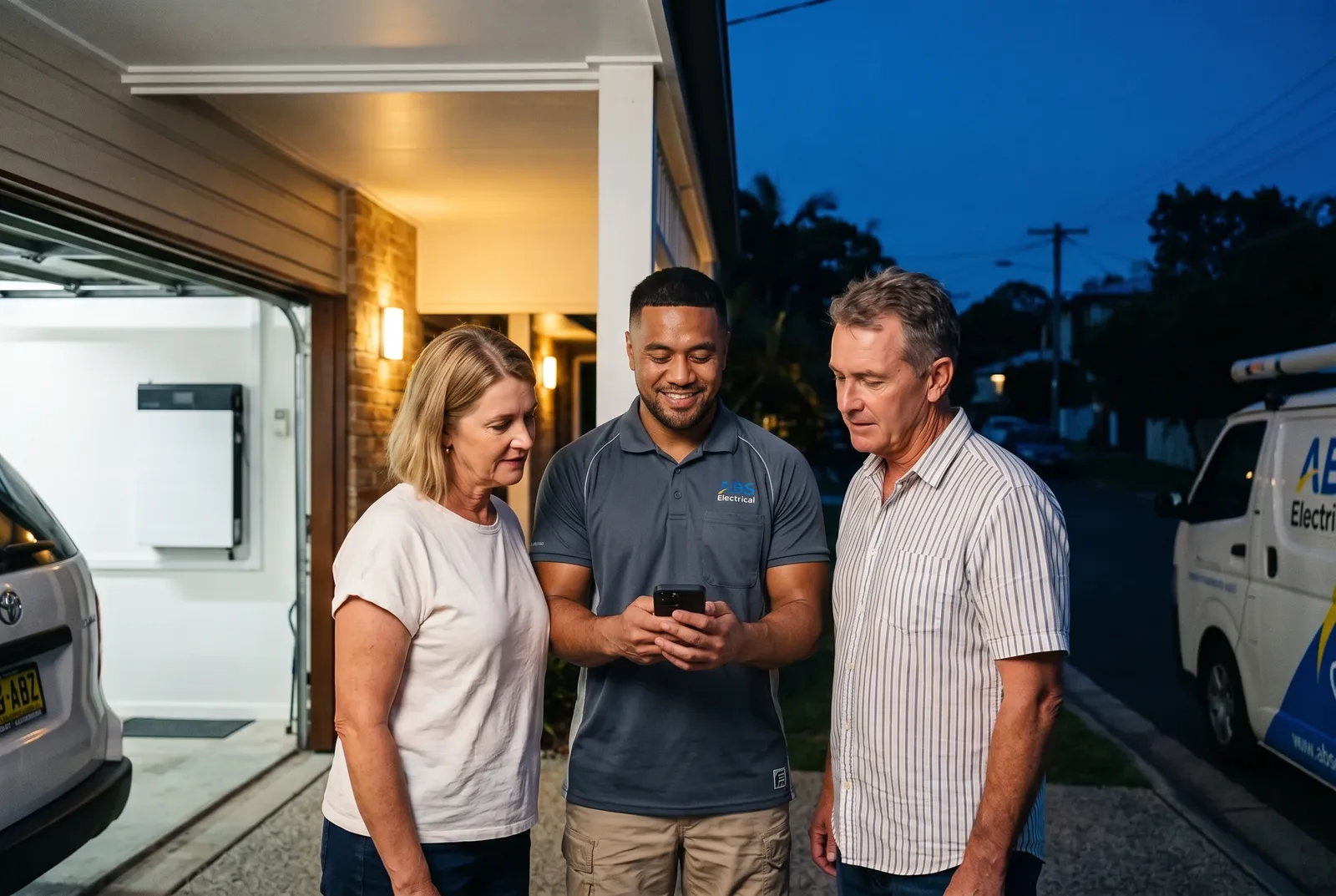 Electrician showing a couple the battery app on their verandah at dusk