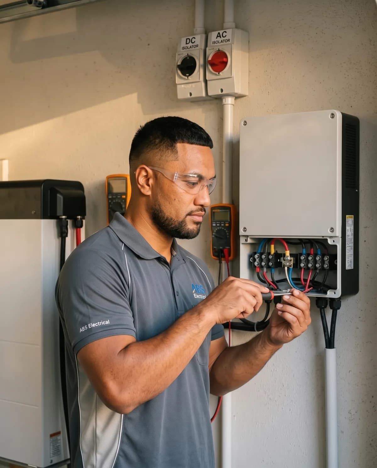 Electrician terminating cables in a hybrid inverter beside a home battery