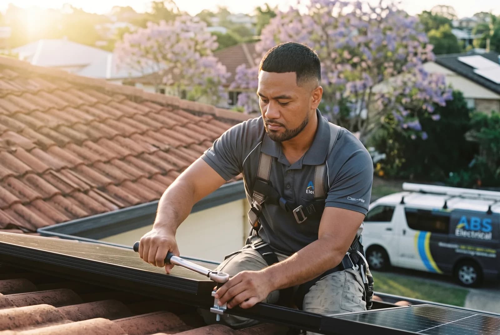 Electrician torquing a panel clamp on a Brisbane tile roof