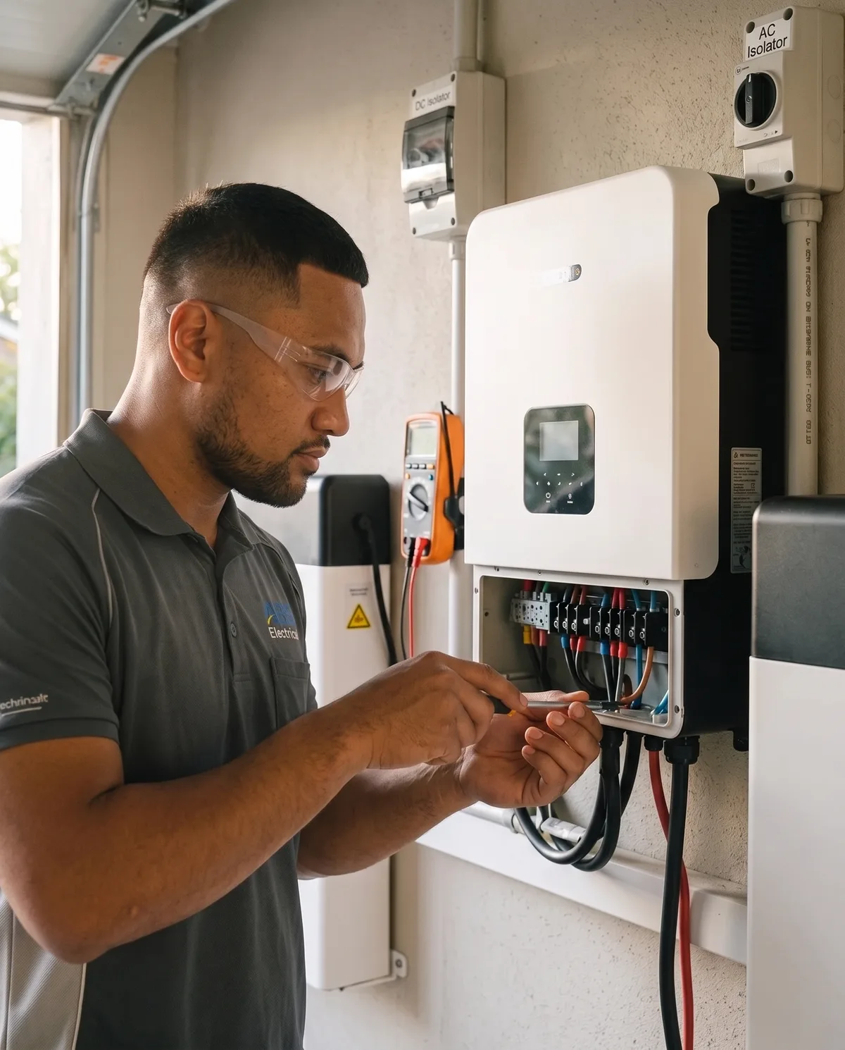 Electrician terminating the hybrid inverter beside a wall-mounted home battery