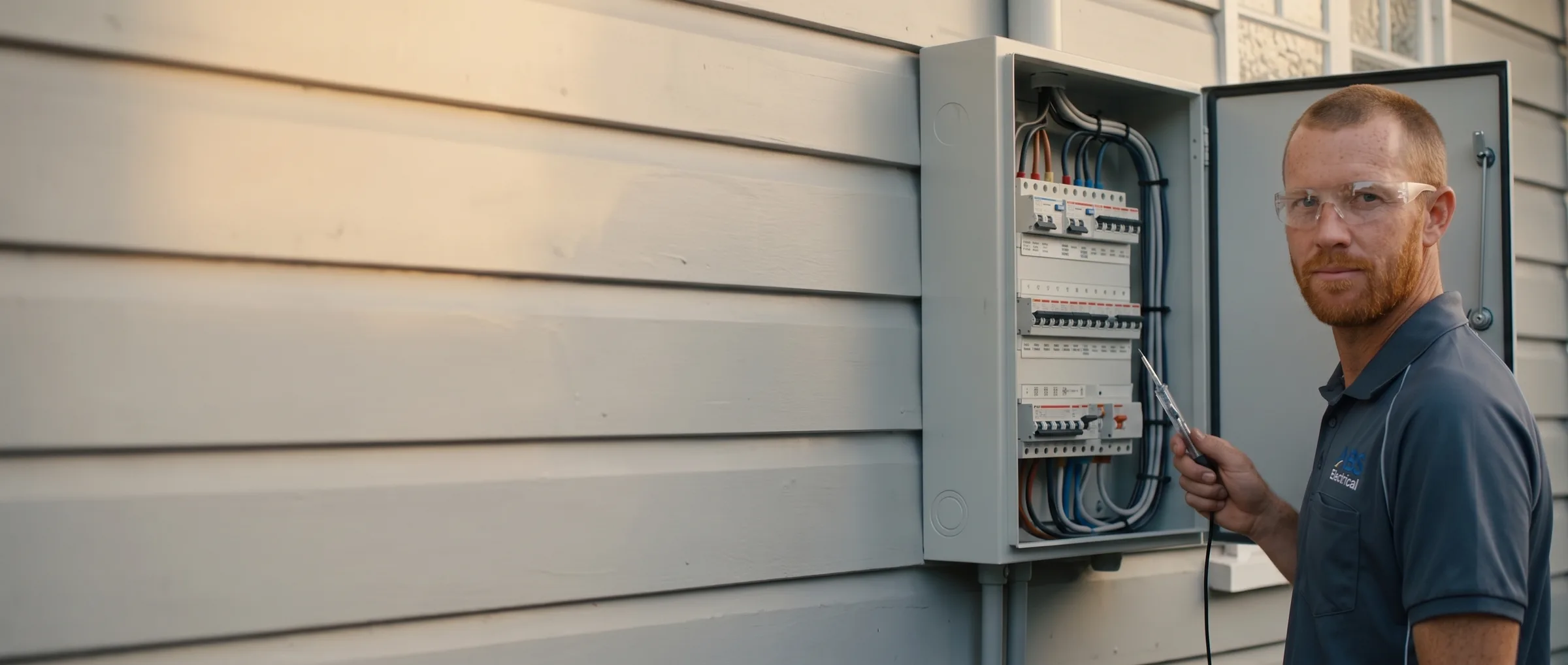 ABS electrician testing a freshly installed residential switchboard with labelled safety switches