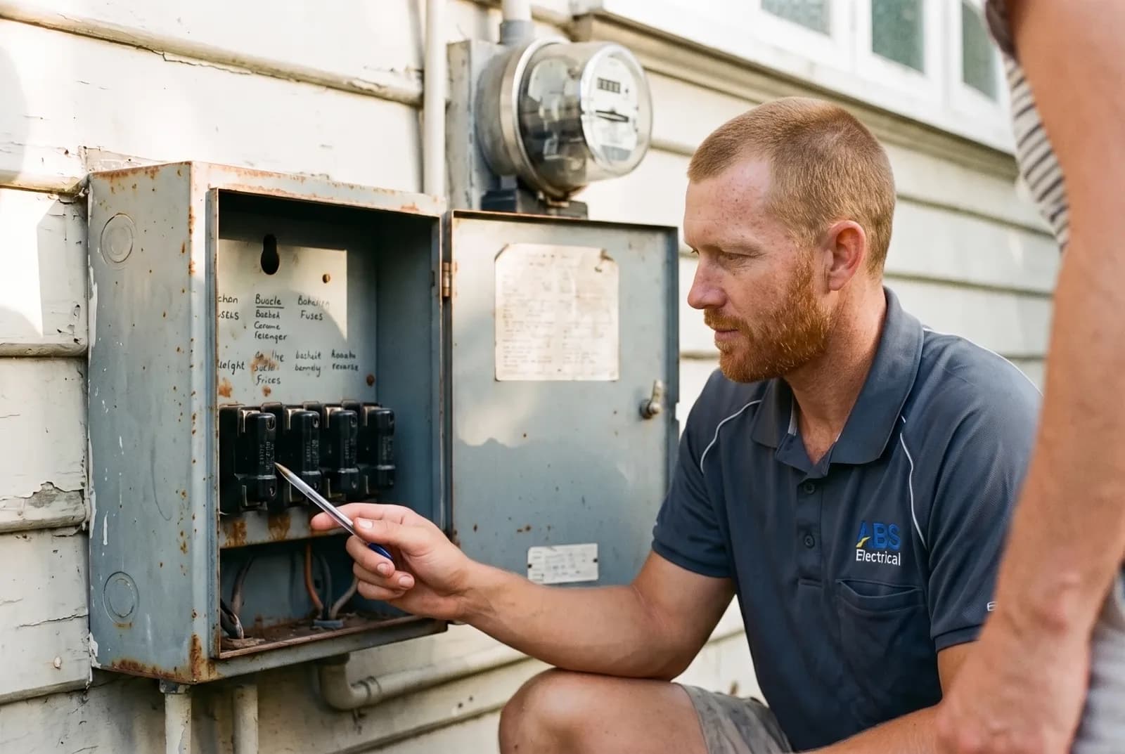 Electrician explaining the faults on an old ceramic fuse board