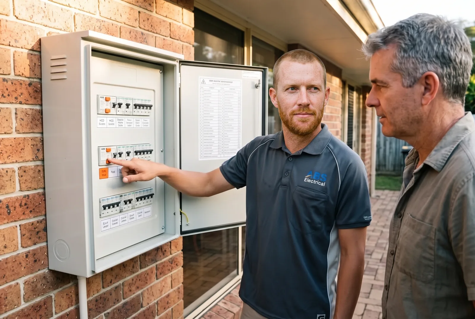 Electrician trip-testing a safety switch on a new board with the homeowner
