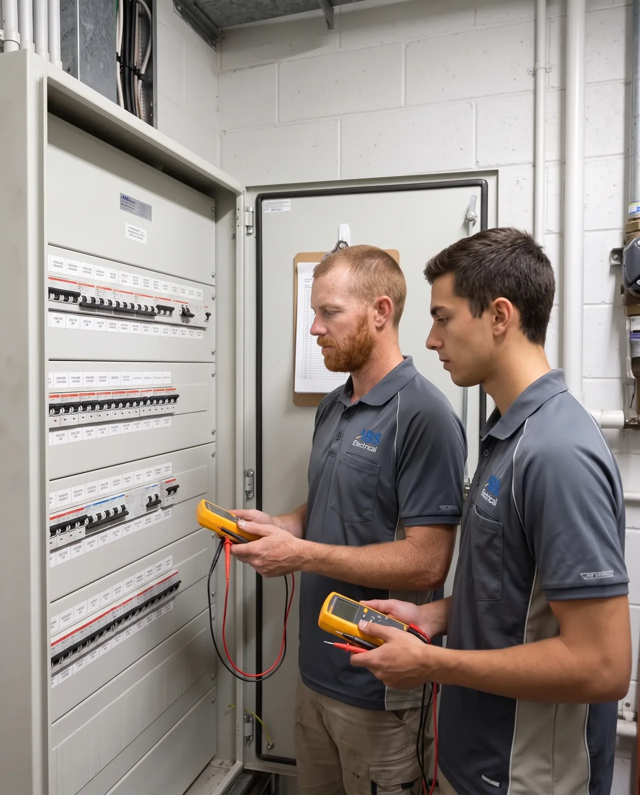 ABS electrician and apprentice testing a labelled three-phase switchboard in a plant room
