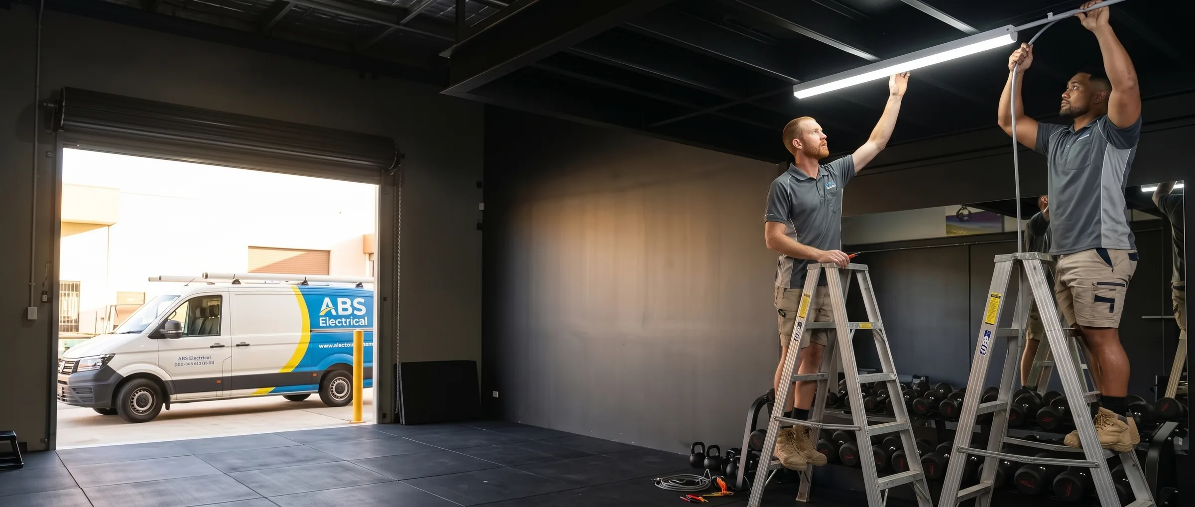 Two ABS electricians on platform ladders fitting LED battens in a gym fit-out, van in the roller door