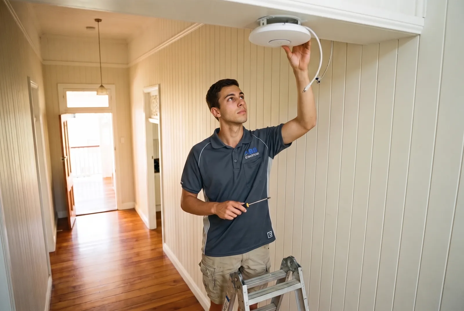 Electrician mounting a ceiling WiFi access point in a hallway