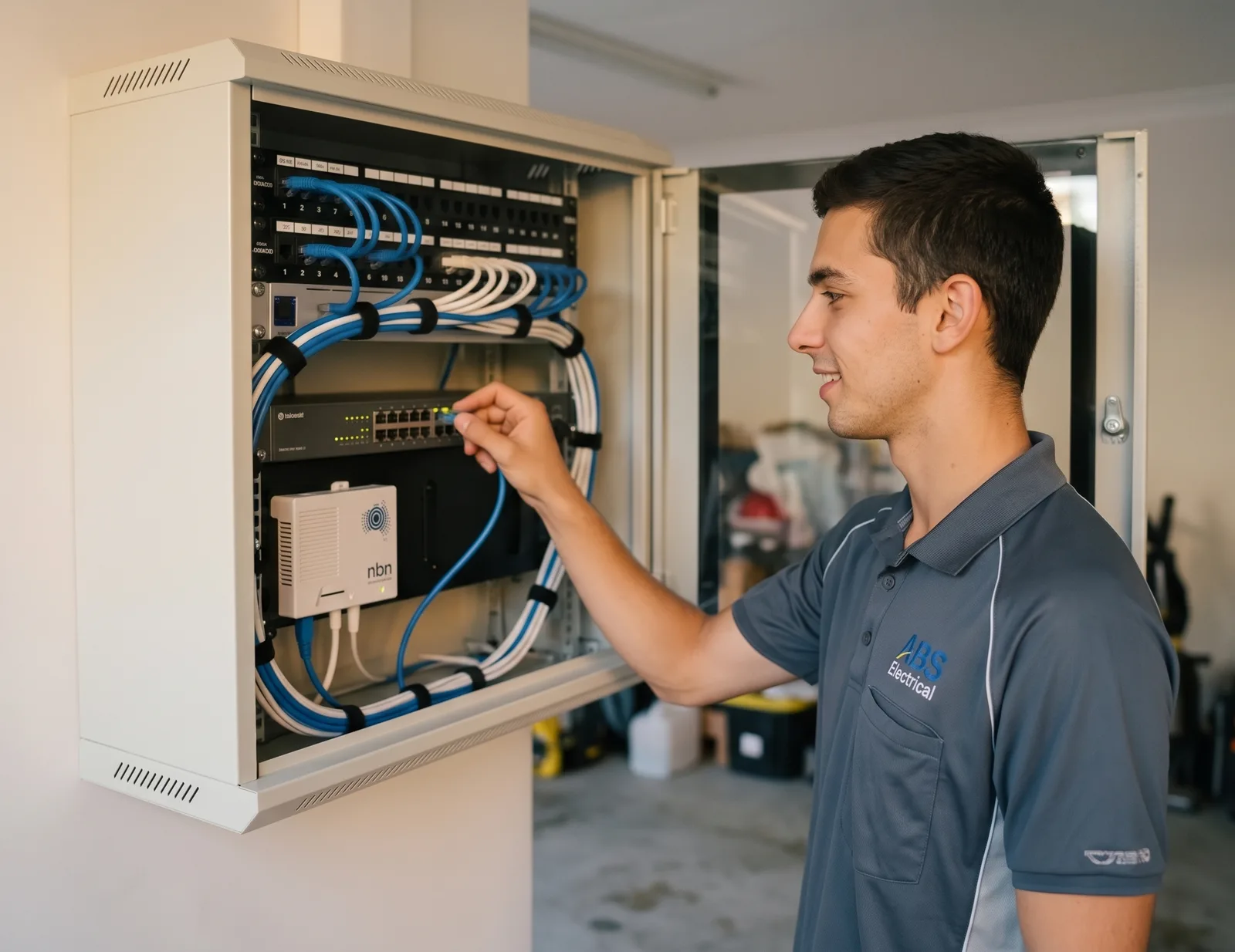 ABS electrician patching a neat home network cabinet with labelled leads