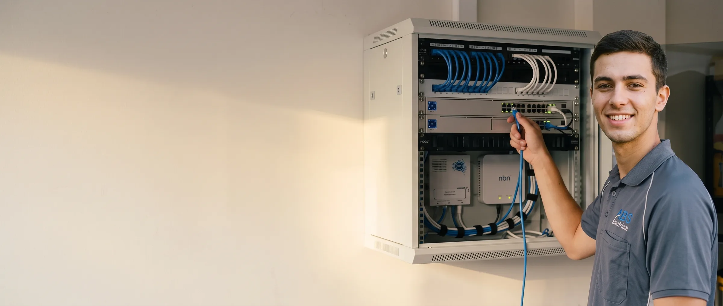 ABS electrician patching a labelled Cat6 cable into a neat home network cabinet