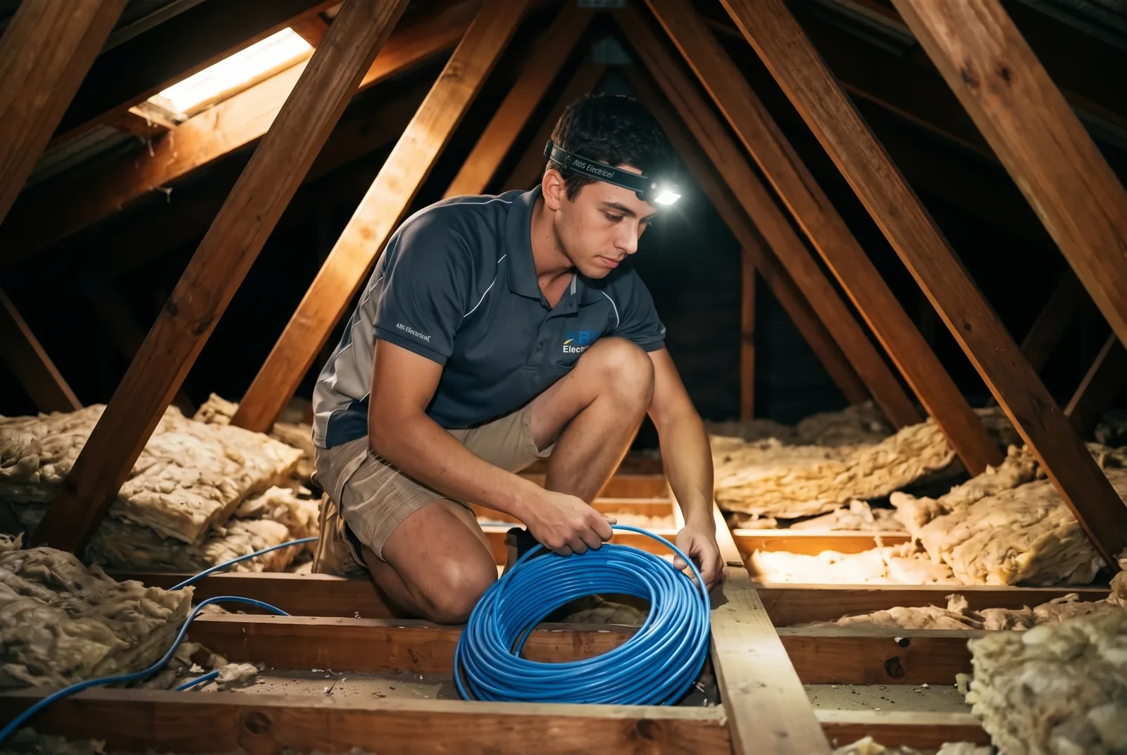 Electrician running Cat6 cable through a roof space by head torch