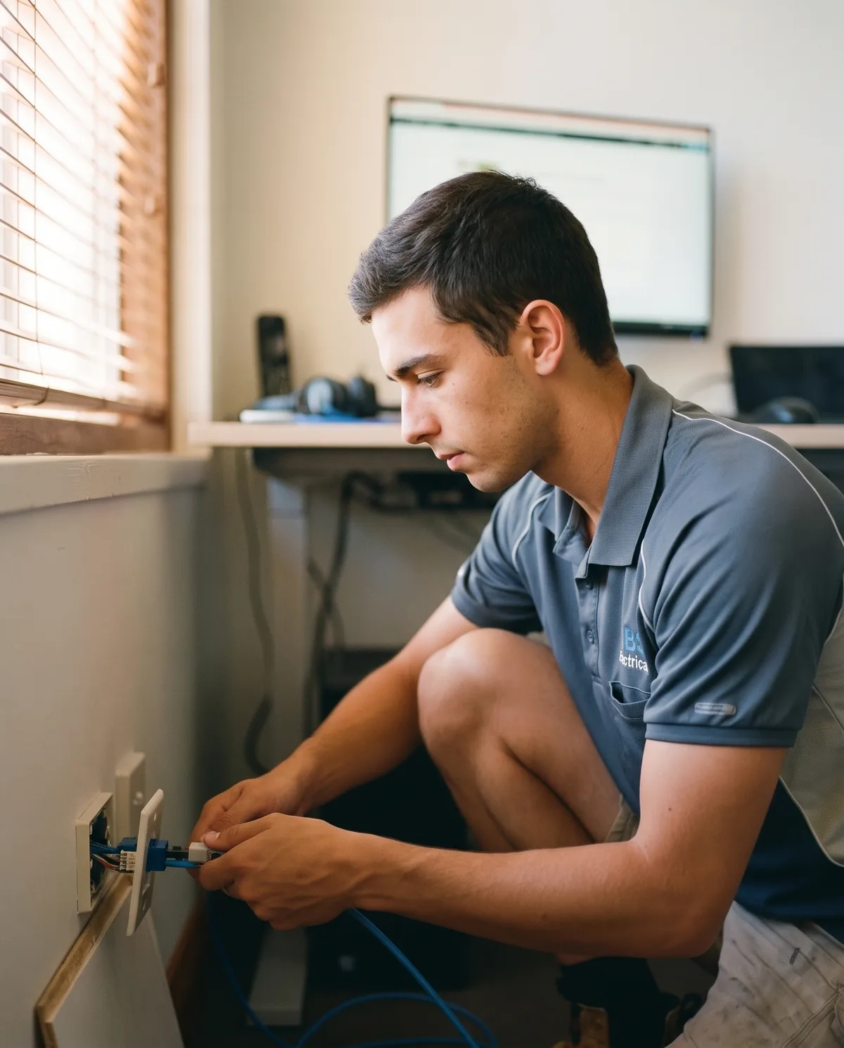 Electrician terminating a Cat6 cable into a wall plate in a home office