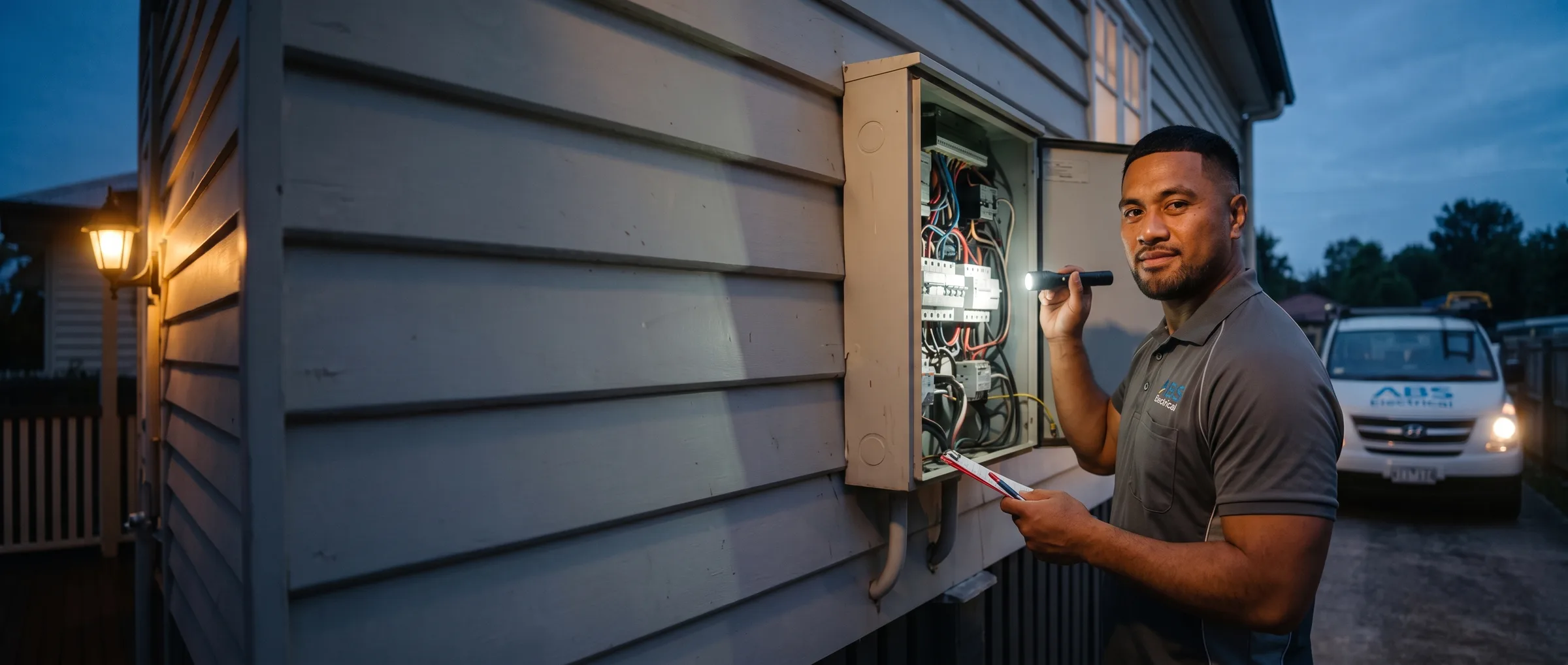 ABS electrician checking an external switchboard at dusk with the ABS van in the driveway