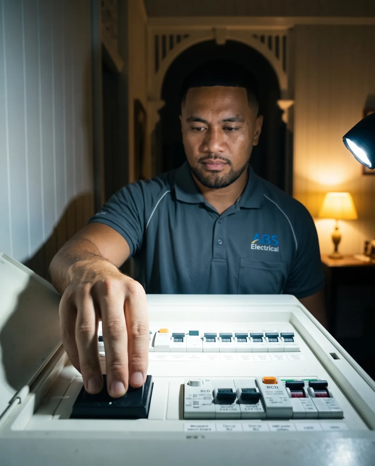 Electrician's hand on the main switch of a domestic switchboard by torchlight