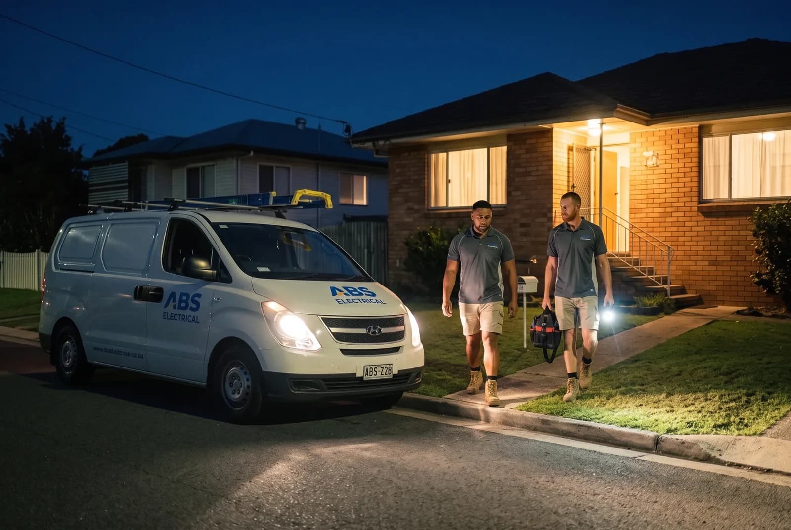 ABS Electrical van parked outside a Brisbane home at night as two electricians walk to the door