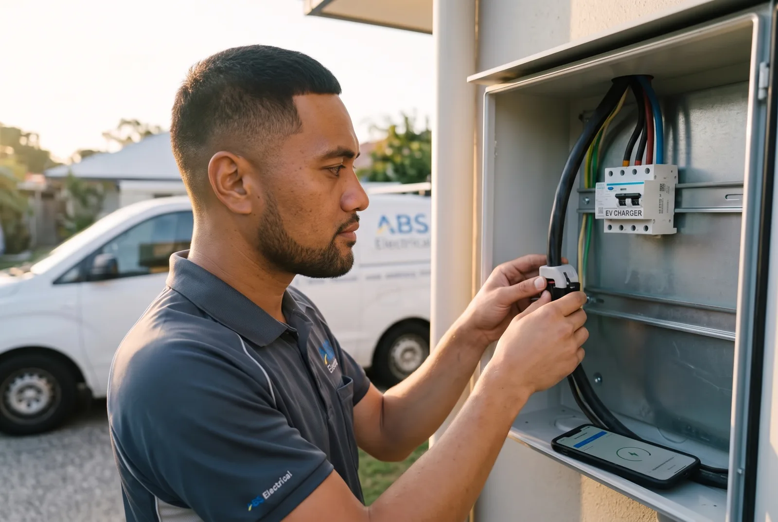Electrician fitting a labelled EV charger RCBO and a CT clamp in a residential switchboard