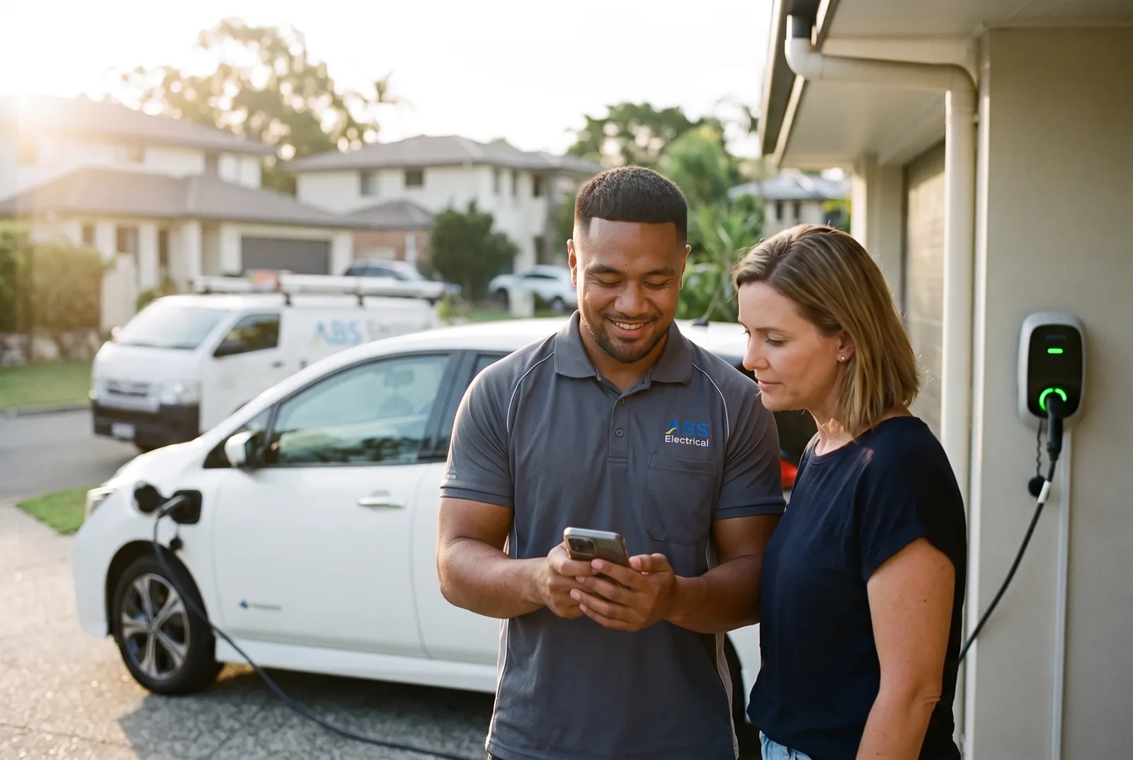 Electrician showing a homeowner the charging app with her car plugged in