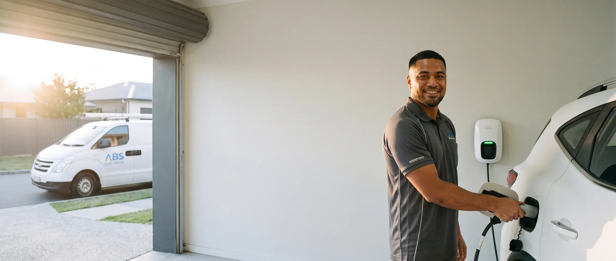 ABS electrician plugging a wall charger cable into an electric car in a Brisbane garage