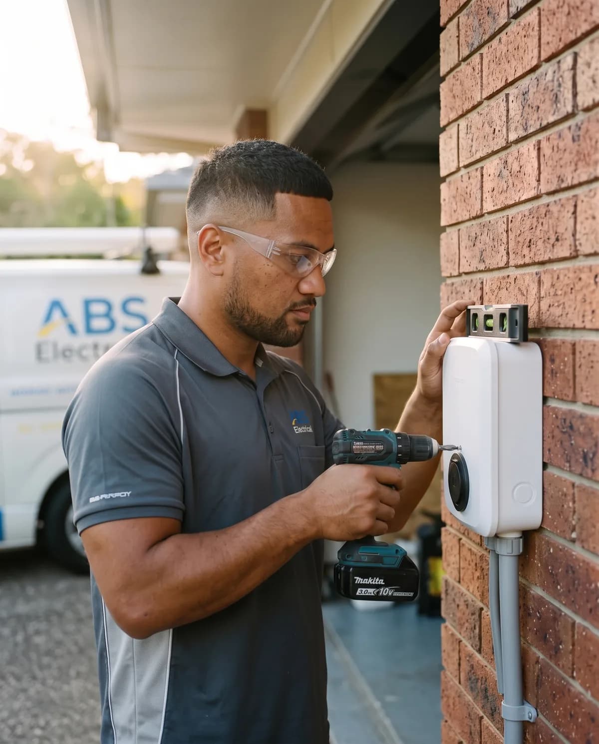 Electrician mounting a wall-box EV charger on a brick garage wall