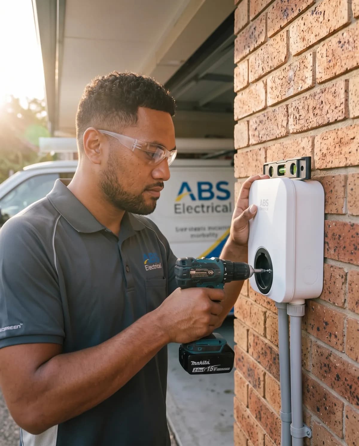 Electrician levelling a wall charger on a brick wall