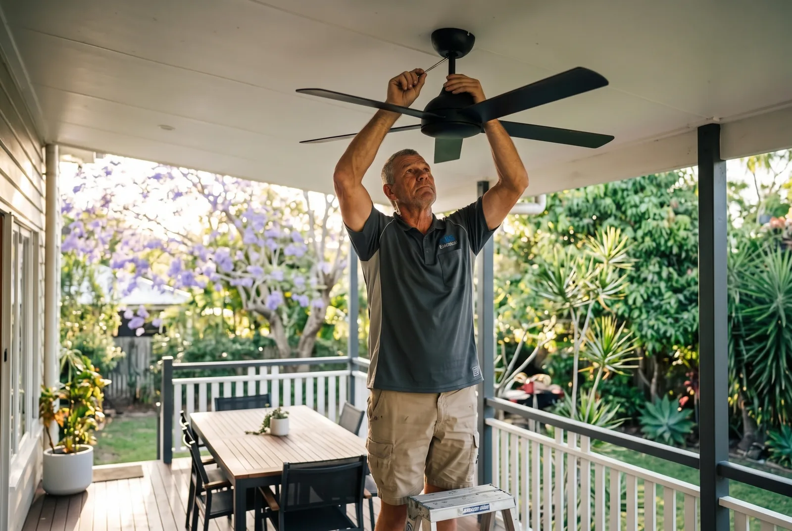 Electrician fitting an outdoor ceiling fan on a Queenslander deck