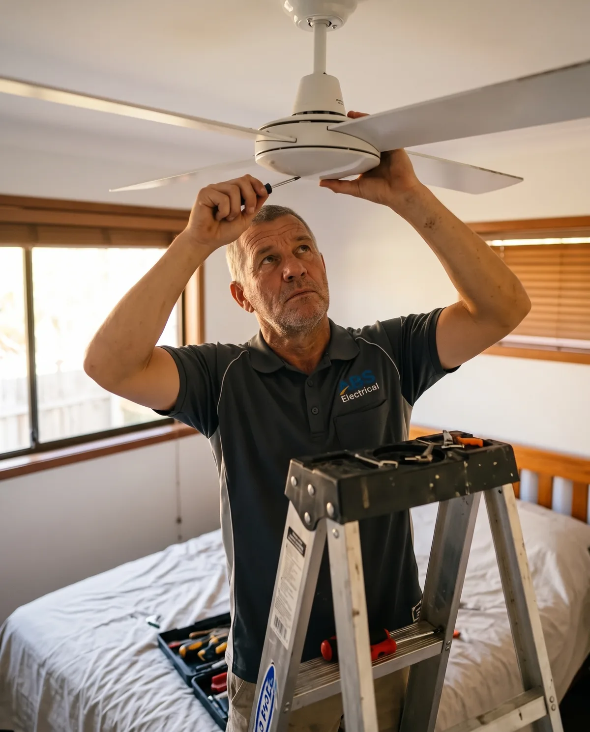 Electrician checking the mounting bracket and blades of a ceiling fan