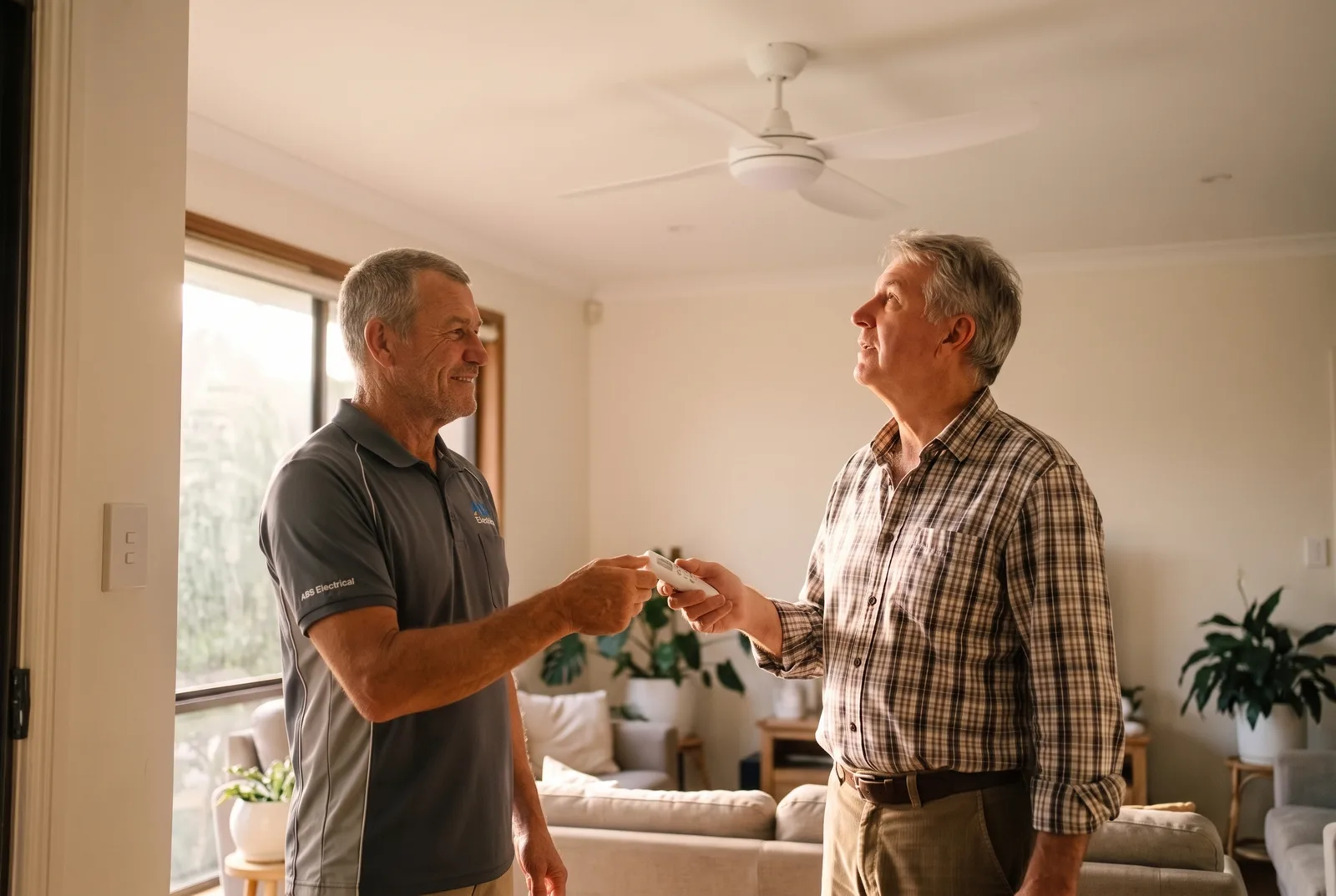 Electrician handing a fan remote to a homeowner under a new ceiling fan
