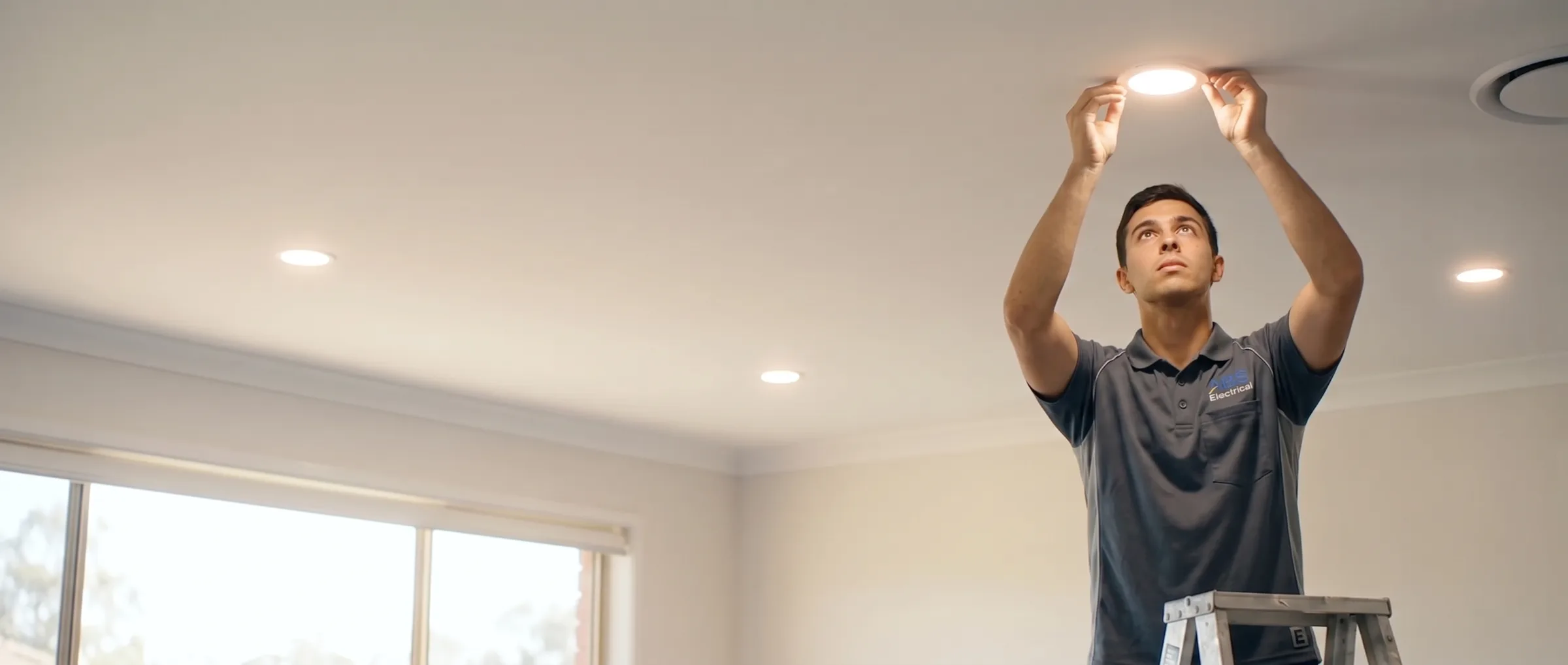 ABS electrician on a step ladder fitting an LED downlight in a bright Queenslander living room
