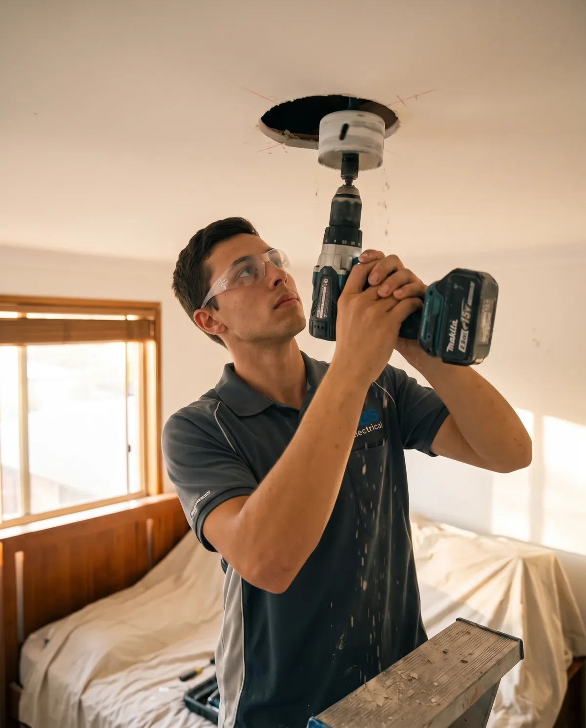 ABS electrician cutting a clean downlight hole in a plaster ceiling with a hole saw