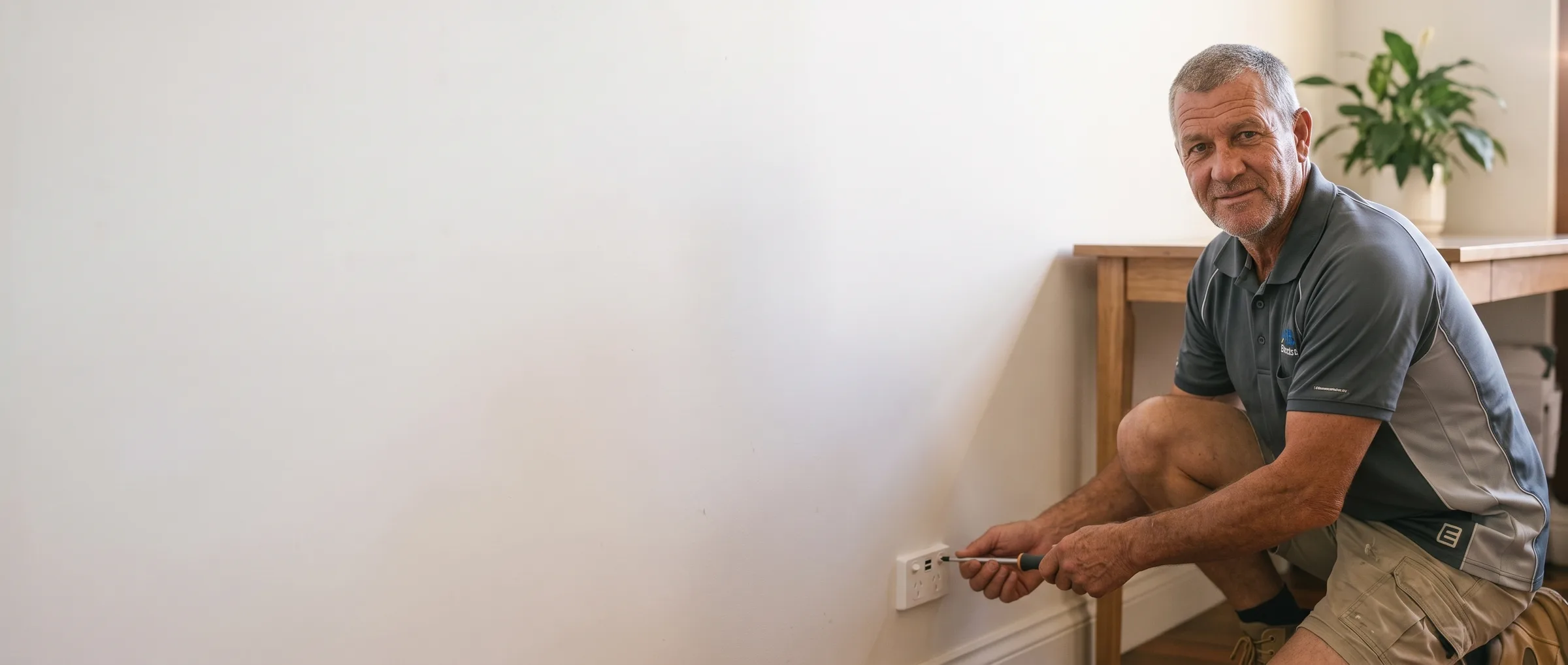 ABS electrician fitting a new double powerpoint with USB-C ports in a Brisbane home office