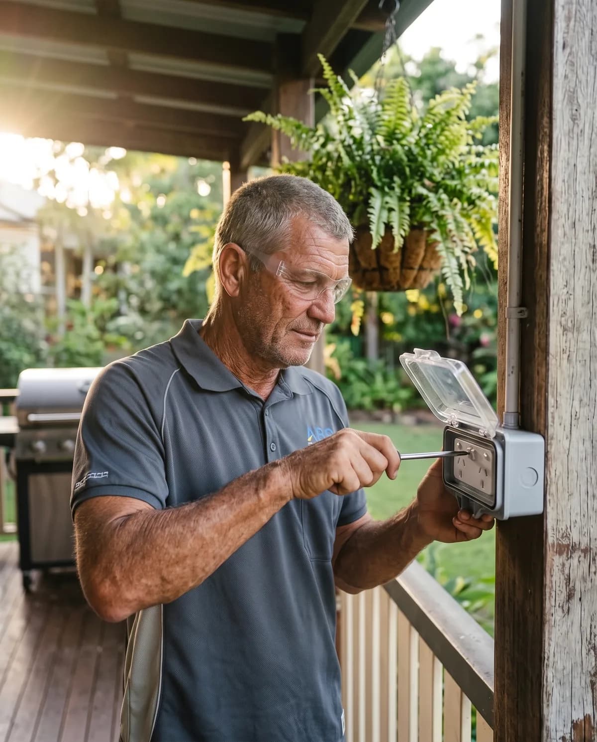 Electrician fitting a weatherproof outdoor powerpoint on a deck post