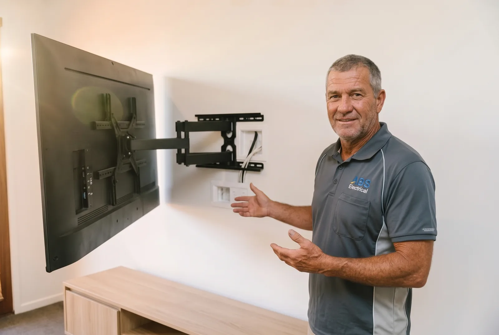 Electrician showing a recessed powerpoint and cable plate behind a wall-mounted television