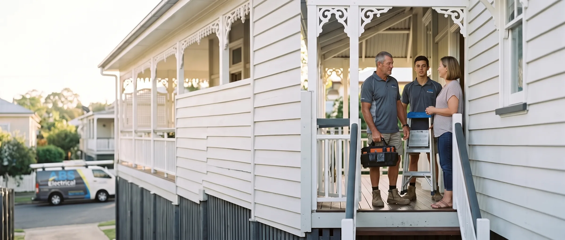 Two ABS electricians talking with a homeowner on the verandah of a Queenslander, van on the street below