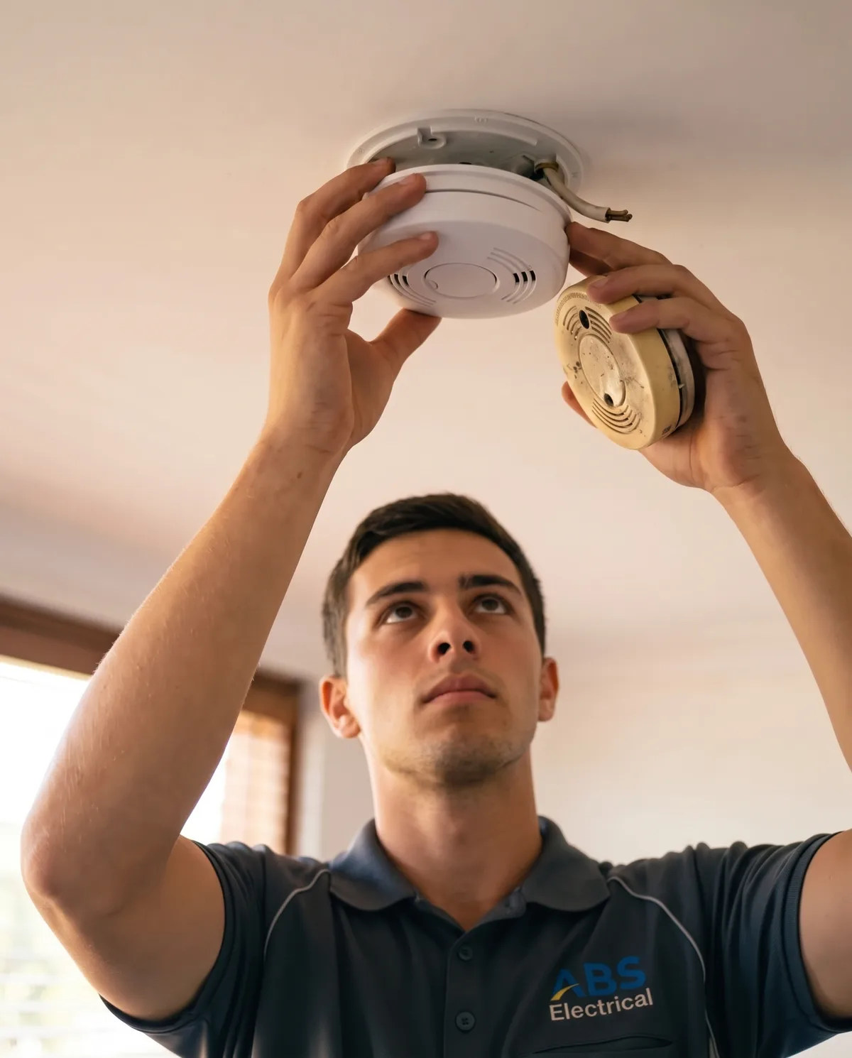 Electrician twisting a new photoelectric smoke alarm onto its base
