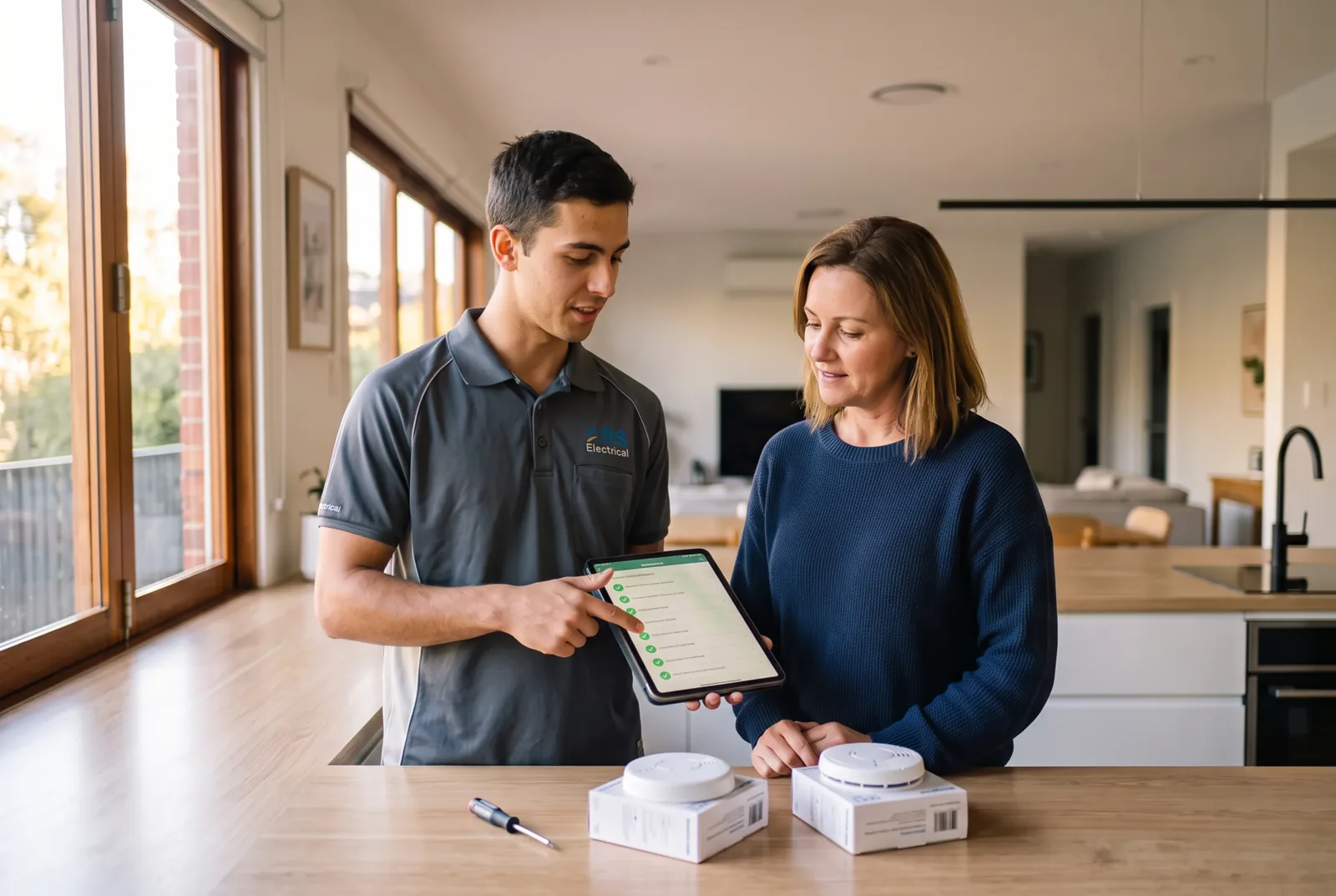 Electrician walking a homeowner through the completed compliance checklist