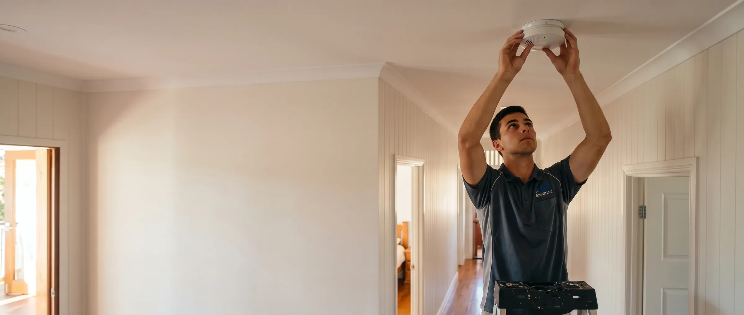 ABS electrician fitting a photoelectric smoke alarm to a Queenslander hallway ceiling