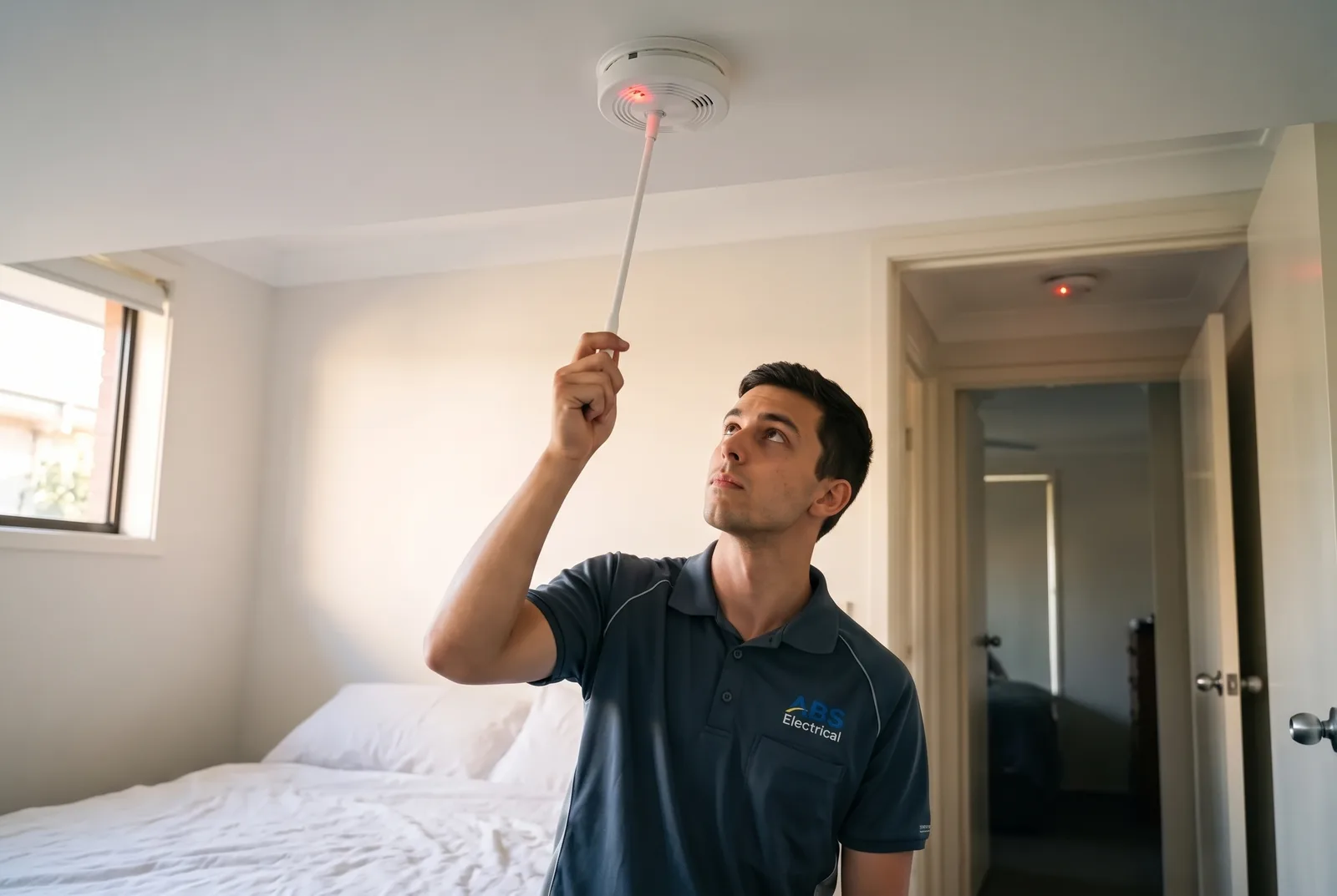 Electrician testing an interconnected smoke alarm with a test rod