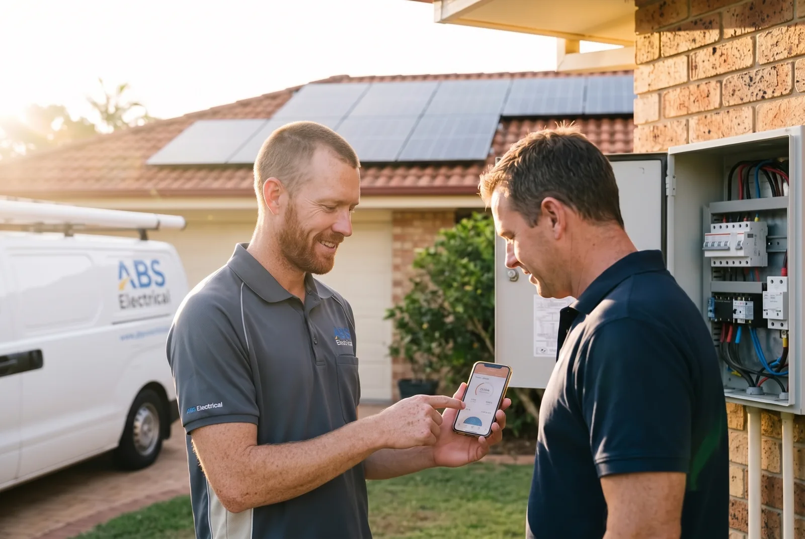 Electrician showing a homeowner the solar monitoring app in the front yard