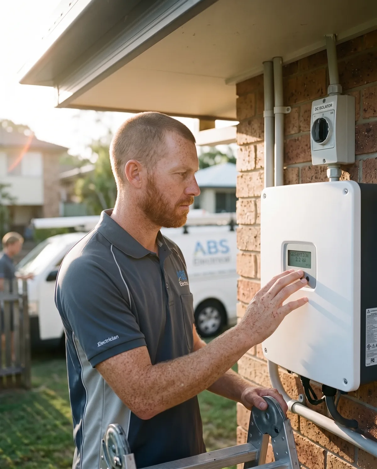 Electrician commissioning a solar inverter beside the meter box