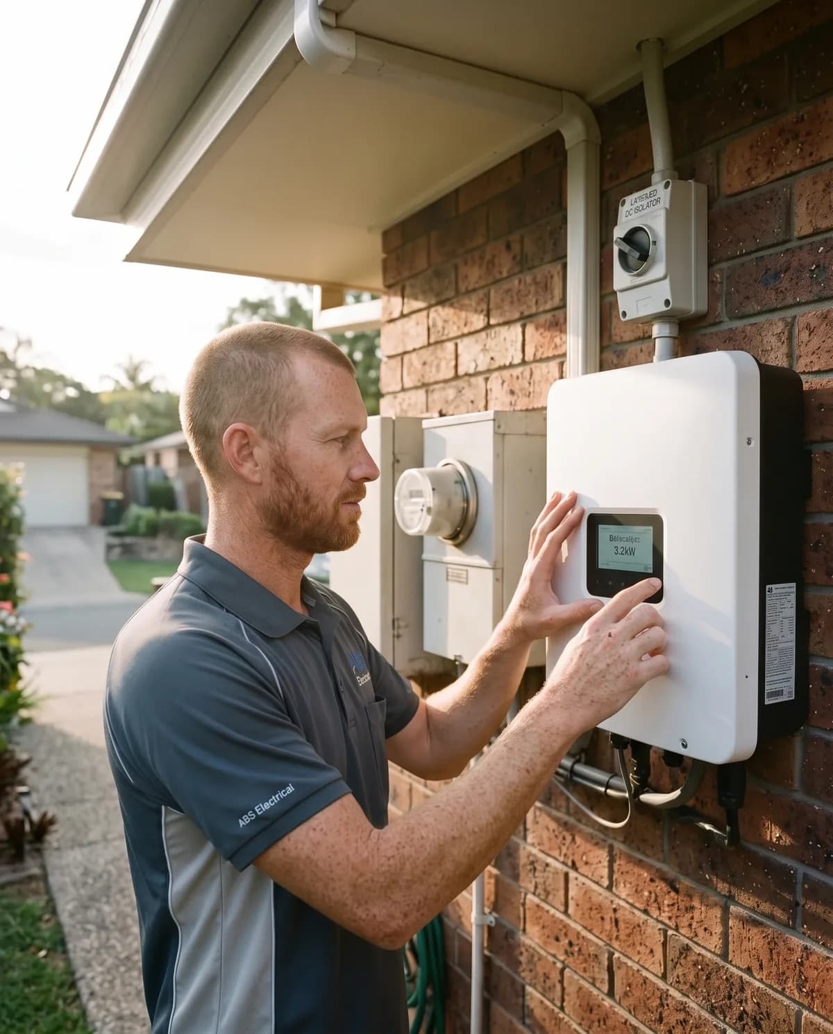 Electrician commissioning a solar inverter on an external wall beside the meter box