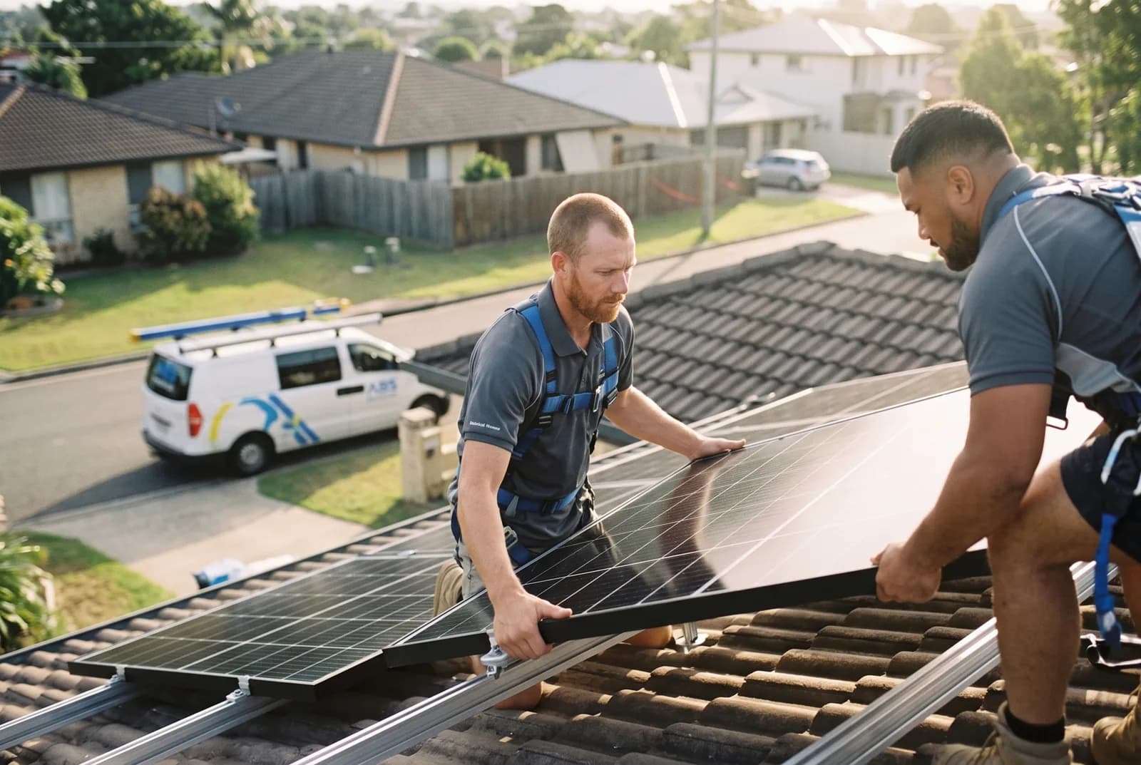 Two electricians lifting a solar panel onto rails on a Brisbane tile roof